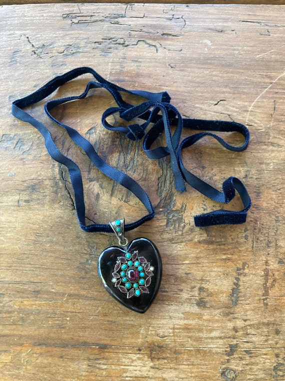 Antique Victorian Turquoise Onyx Heart Garnet Pea… - image 2