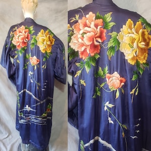 20s Noxema Blue Silk Embroidered Kimono Robe Blooming Ombre Flowers Mount Fuji Butterflies Pine Trees w/ Matching Fringe Belt