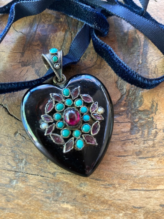 Antique Victorian Turquoise Onyx Heart Garnet Pea… - image 4