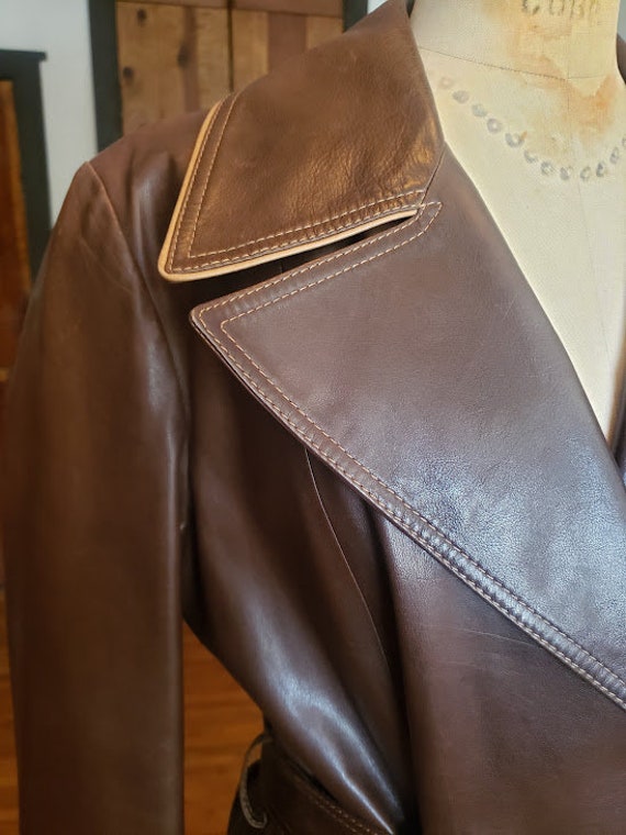 90s does 70s Leather Trench Coat Barney's Tobacco… - image 3