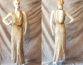 30s Hickson Inc. Gold Bullion Metallic Lame Art Deco Bias Cut Gown Original Silk Slip and Knotted Belt Label Paris Boston New York