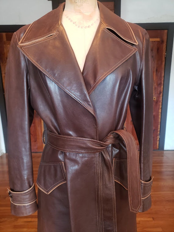 90s does 70s Leather Trench Coat Barney's Tobacco… - image 7