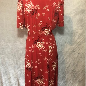 40s Cherry Red 3D Novelty Spring Summer Floral Rayon Plumeria Flower Day Dress image 2