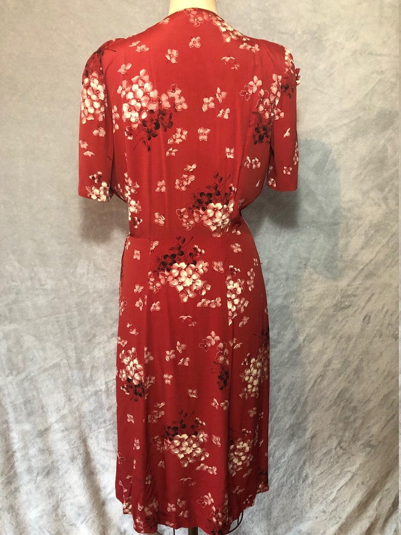 40s Cherry Red 3D Novelty Spring Summer Floral Rayon Plumeria Flower Day Dress image 2