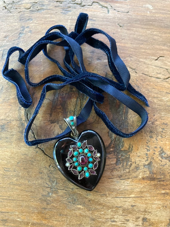 Antique Victorian Turquoise Onyx Heart Garnet Pea… - image 3