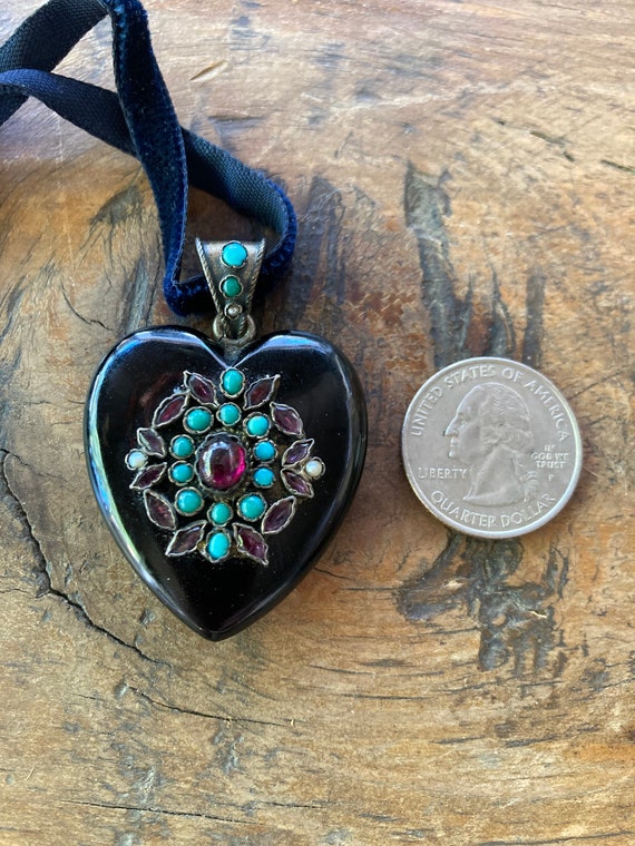Antique Victorian Turquoise Onyx Heart Garnet Pea… - image 7