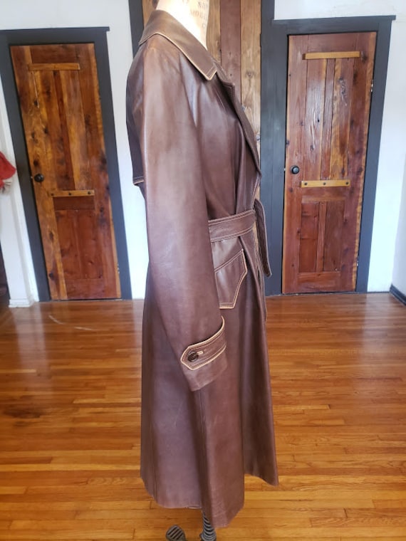 90s does 70s Leather Trench Coat Barney's Tobacco… - image 8