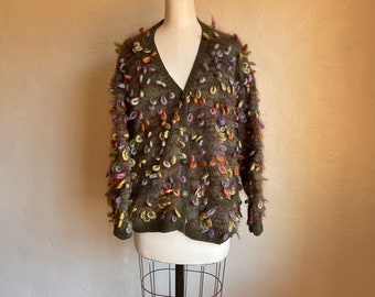 VTG Hand Knit Mohair V Neck Cardigan Multi Color Sweater M L