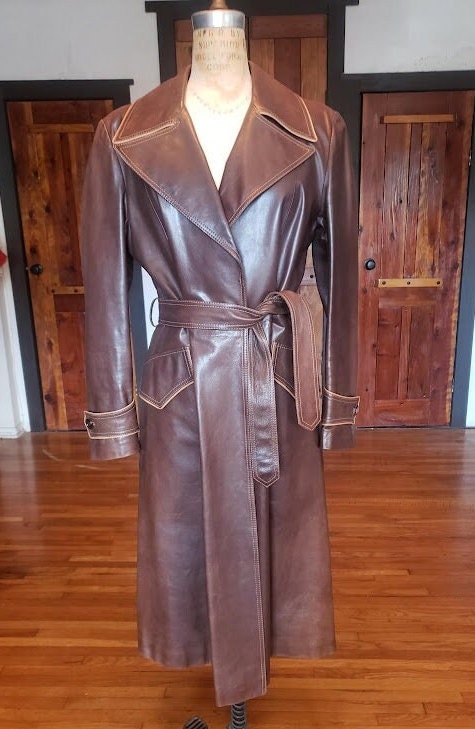 90s Does 70s Leather Trench Coat Barney's Tobacco