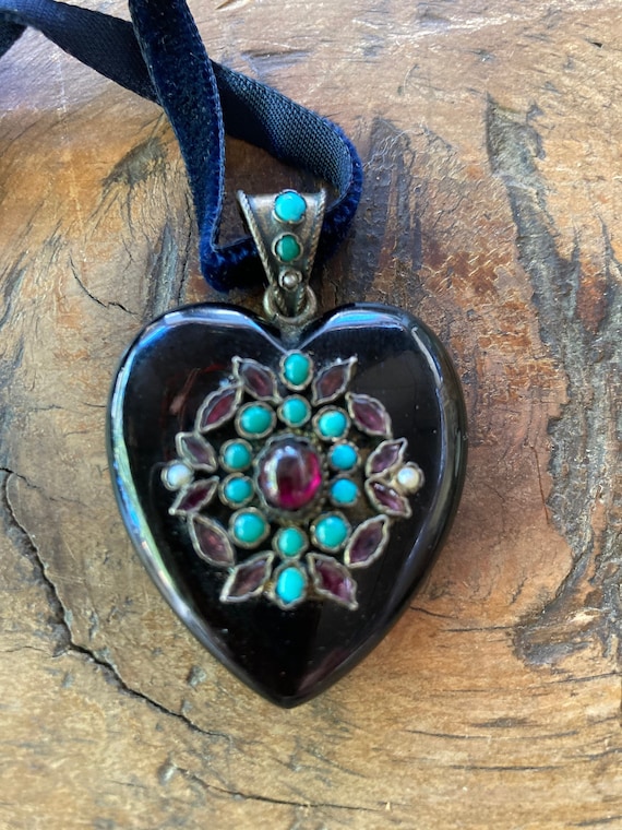 Antique Victorian Turquoise Onyx Heart Garnet Pea… - image 1