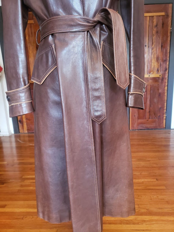 90s does 70s Leather Trench Coat Barney's Tobacco… - image 9