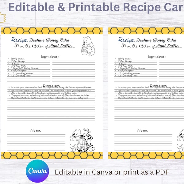 Winnie the Pooh Recipe Card Template - Etsy