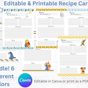 Winnie the Pooh Kids Bundle Editable Recipe Card, Printable Recipe Card ...