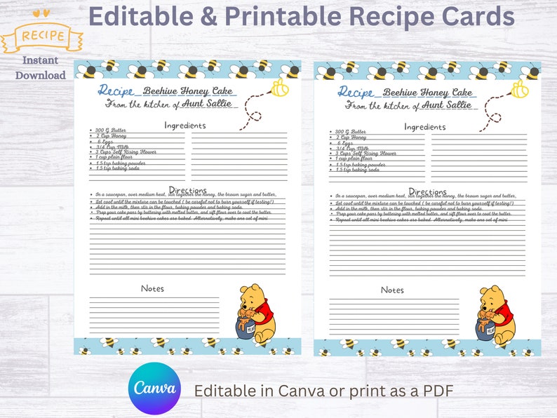 Winnie the Pooh Editable Recipe Card, Honey Bee, Printable Recipe Card ...