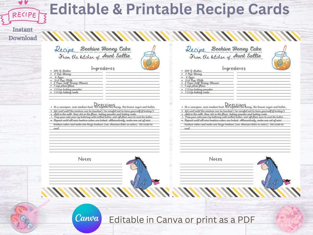 Winnie the Pooh Editable Recipe Card, Eeyore/honey, Printable Recipe ...