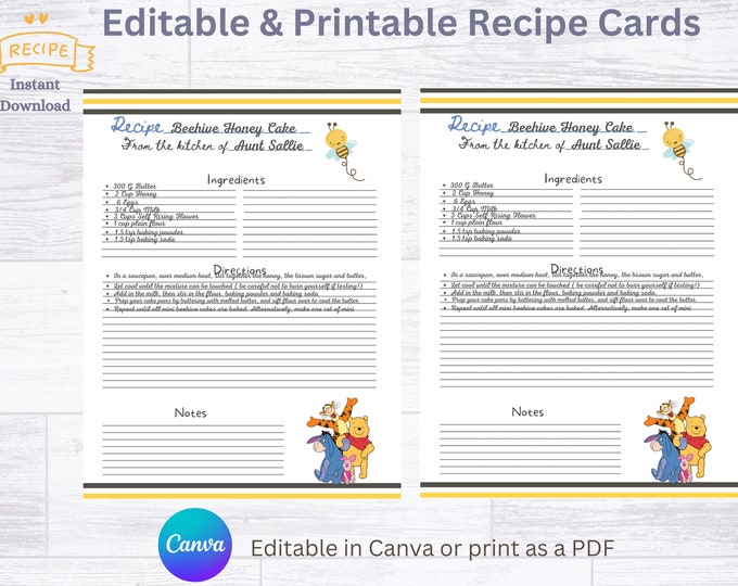 Winnie the Pooh & Friends Editable Recipe Card, Printable Recipe Card ...