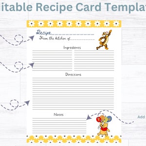 Winnie the Pooh Kids Bundle Editable Recipe Card, Printable Recipe Card ...