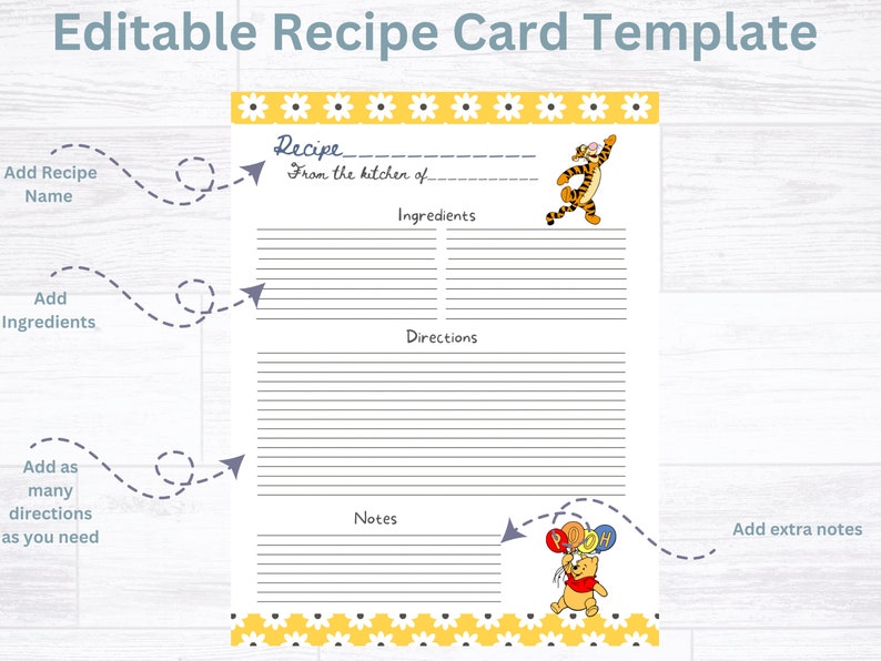 Winnie the Pooh Kids Bundle Editable Recipe Card, Printable Recipe Card ...