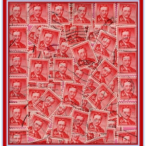 May include: A collage of vintage postage stamps featuring a portrait of a man. The stamps are red and have the text "6 US POSTAGE" printed on them.