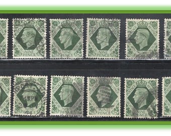 Britain - Set of 12 King George VI Olive Green Stamps - 1939