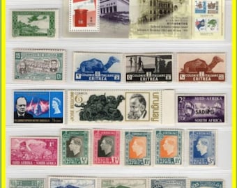 Könnte beinhalten: Eine Sammlung verschiedener Briefmarken aus aller Welt, darunter Ausgaben aus San Marino, Hongkong, Eritrea, Bolivien, Uruguay, Südafrika, den Komoren und dem Libanon. Die Briefmarken zeigen diverse Motive wie Landschaften, Porträts, Kamele und historische Szenen in verschiedenen Farben und Formen, einschließlich rechteckiger und dreieckiger Formate.