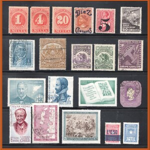 May include: A collection of vintage Chilean postage stamps arranged in rows on a black display sheet. The stamps feature various designs including portraits, maps, aircraft, historical scenes, and text such as Correos de Chile and Correo Aereo.