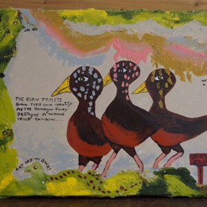 Three Birds Painting, Vintage Bird Painting, Whimsical Fairytale Painting