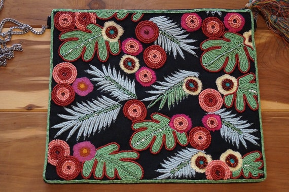 Hand Beaded Indian Botanical Monstera Clutch, Bea… - image 1