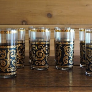 Mid Century Culver Baroque 22kt Tom Collins Glasses, Mid Century Culver Barware Drinking Glasses