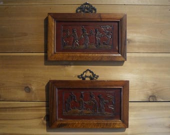 Antique Chinese Carved Wood & Lacquer Figural Panels - A Pair