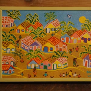 1970s Bahia Brazil Artist Painting of Houses in the Hills - Signed Leila