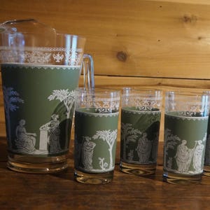 Vintage Jeannette Hellenic Pitcher Green Greek Glass and Four Tumblers