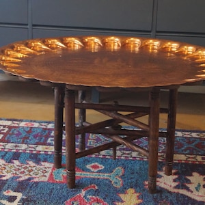 Mid Century Copper Turkish Tea Table, Etched Turkish Tray Table