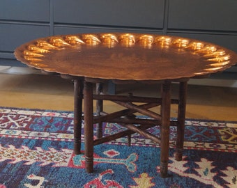 Mid Century Copper Turkish Tea Table, Etched Turkish Tray Table