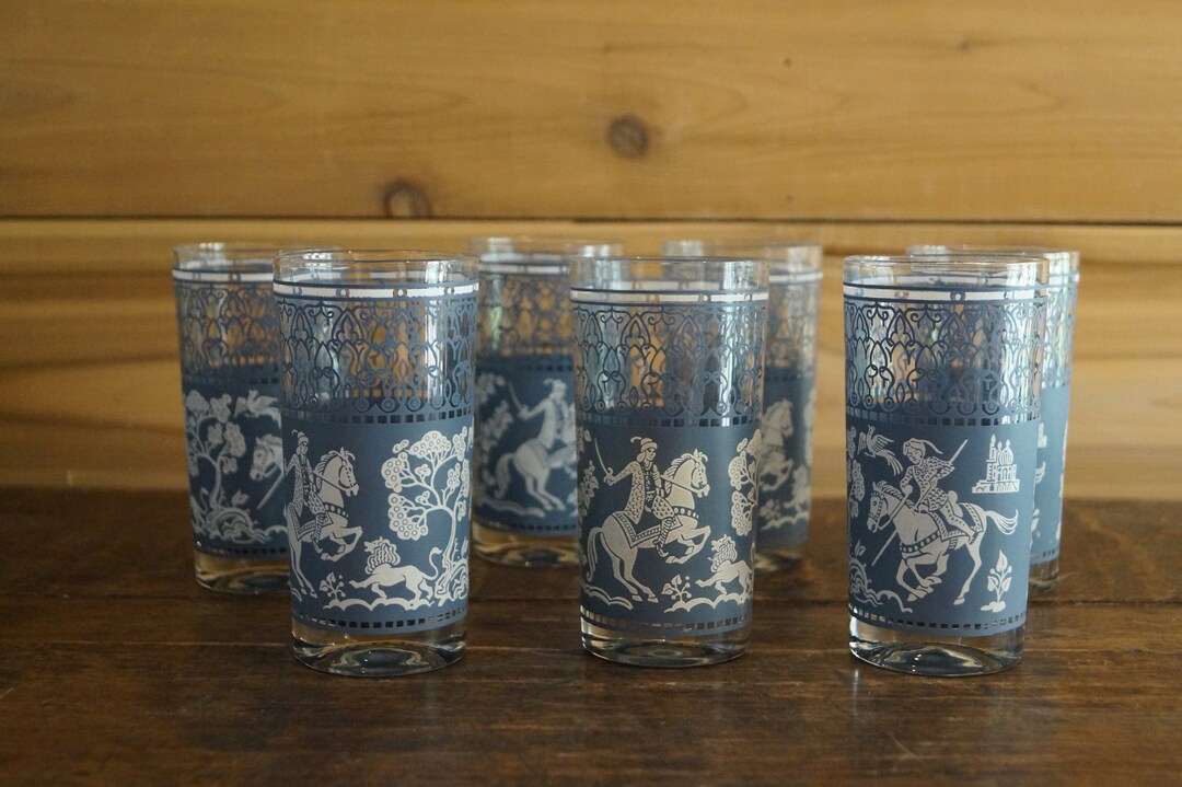 Mid Century Arabian Knight Jasperware Glasses, Vintage Barware Glasses
