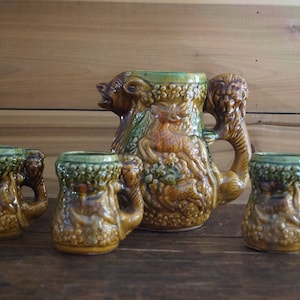 Japanese Majolica Deer and Lion Pitcher Mug Set