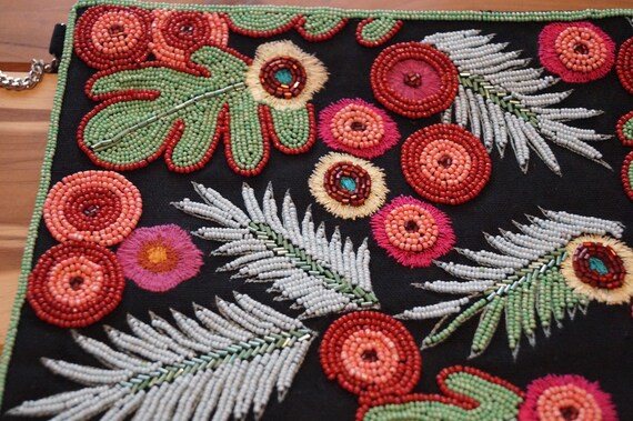 Hand Beaded Indian Botanical Monstera Clutch, Bea… - image 4