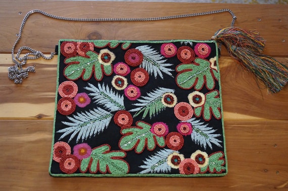 Hand Beaded Indian Botanical Monstera Clutch, Bea… - image 2