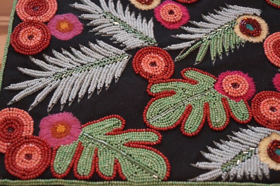 Hand Beaded Indian Botanical Monstera Clutch, Bea… - image 5