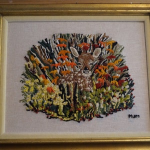 1960s Deer Embroidery Fiber Art, Vintage Sixties Deer Crewel Embroidery Art, Vintage Fiber Art