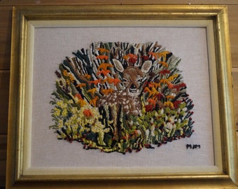 1960s Deer Embroidery Fiber Art, Vintage Sixties Deer Crewel Embroidery Art, Vintage Fiber Art