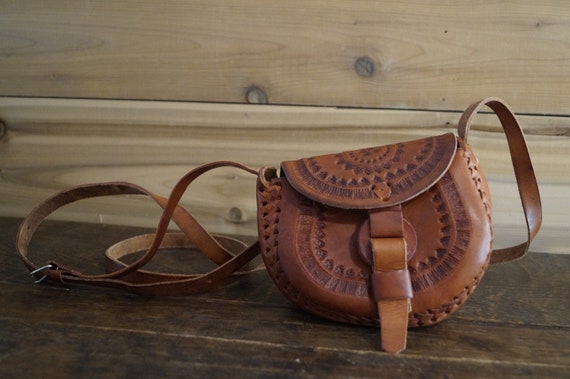 Mexican Leather Crossbody Hand Tooled Leather Boho Saddlebag Small Leather Bag Adjustable Strap