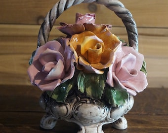 Vintage Capodimonte Porcelain Roses Basket Bouquet Made in Italy