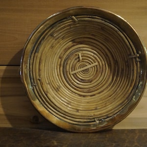 Gabriella Crespi Inspired Italian Pencil Rattan and Brass Rimmed Basket Bowl