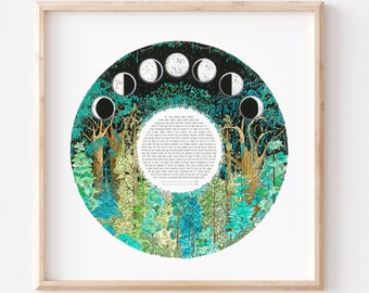May include: A black and white illustration of a forest scene with a moon cycle in the background. The text in Hebrew reads "Blessed are you, Lord our God, King of the Universe, who created the fruit of the vine."