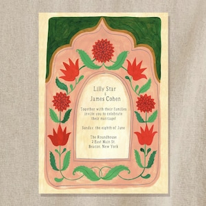 Könnte beinhalten: Eine Hochzeitseinladung mit einem rosa und grünen floralen Design. Der Text lautet "Lilly Star & James Cohen Gemeinsam mit ihren Familien laden sie ein, ihre Hochzeit zu feiern! Sonntag, der achte Juni The Roundhouse 2 East Main St. Beacon, New York"