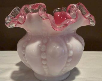 Fenton Peach Crest Vase Hand Blown Milk Glass