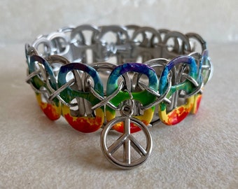 Tie Dye Soda Pop Tab Bracelet: Peace Charm, Upcycled Jewelry
