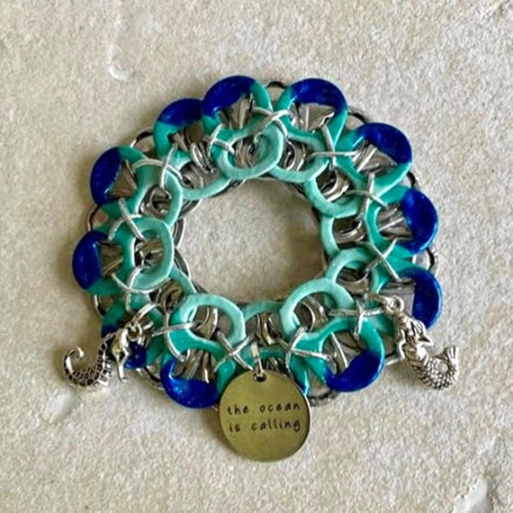 Ocean Waves Soda Pop Tab Bracelet - Mermaid, Seahorse, Beach
