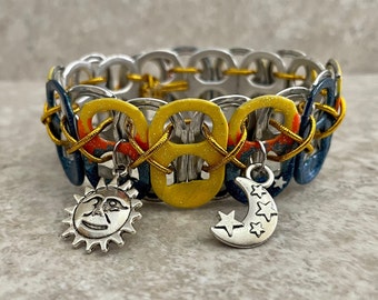 Moon and Sun Soda Pop Tab Bracelet: Upcycled, Celestial Jewelry, Hand painted